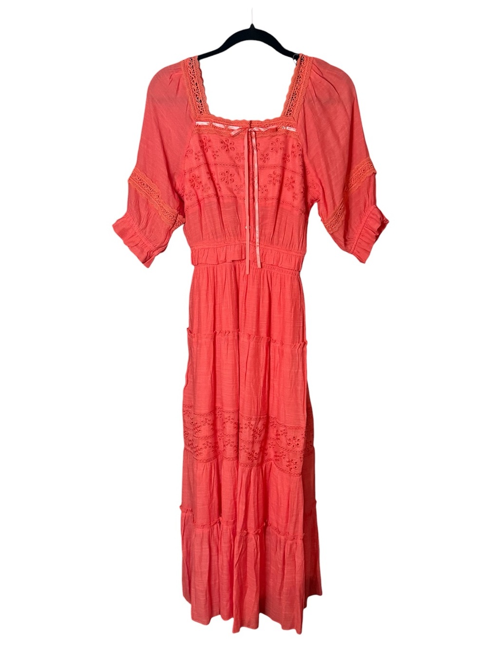 Kings Road Boho Cottage Core Coral Maxi Dress with Lace Trim